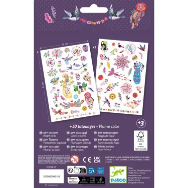 Tatouages « Plume color » DJECO 9615 : planches de tatouages colorés avec motifs fleurs et oiseaux sur fond violet.