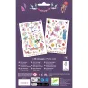 Tatouages « Plume color » DJECO 9615 : planches de tatouages colorés avec motifs fleurs et oiseaux sur fond violet.