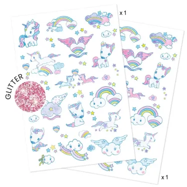 Tatouages licornes DJECO 9575 : planches décoratives avec licornes, nuages, arcs-en-ciel et étoiles pastel, effet pailleté.