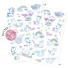 Tatouages licornes DJECO 9575 : planches décoratives avec licornes, nuages, arcs-en-ciel et étoiles pastel, effet pailleté.