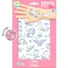 Tatouages Licornes DJECO 9575, emballage rose avec motif de main affichant des tattoos arc-en-ciel et licornes sur papier blanc, inclus glitter rose.