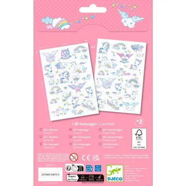 Tatouages Licornes DJECO 9575, planches de stickers arc-en-ciel et nuages sur fond rose, livré avec 50 tatouages pour enfants.