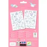 Tatouages Licornes DJECO 9575, planches de stickers arc-en-ciel et nuages sur fond rose, livré avec 50 tatouages pour enfants.