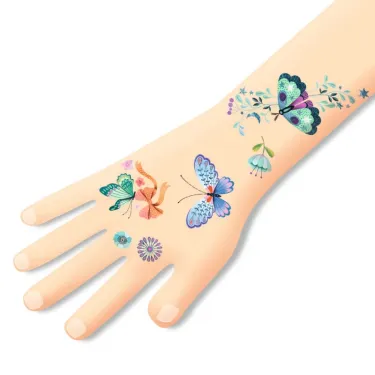 Tatouages Papillons de rêve DJECO 9249 sur poignet: papillons colorés et motifs floraux décorent l' avant-bras.