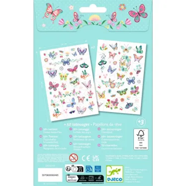 Tatouages papillons de rêve DJECO 9249 : deux planches de stickers papillon multicolores sur fond bleu clair, emballage décoratif avec fleurs et papillons.