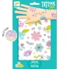 Tatouages 'Belle des champs' DJECO 9585 sur fond turquoise, motif fleurs et papillons sur bras en carton, emballage blanchi.