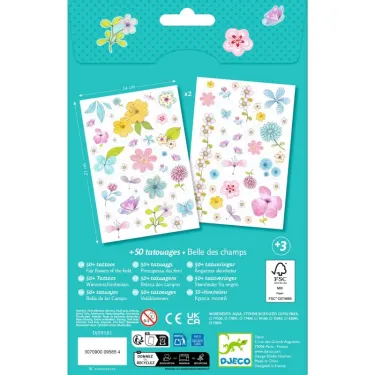 Tatouages éphémères “Belle des champs” DJECO 9585 avec 50 motifs floraux et papillons sur papiers, emballage turquoise.