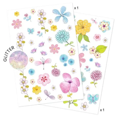 Tatouages éphémères « Belle des champs » DJECO 9585 avec motifs floraux colorés et papillons scintillants GLITTER.