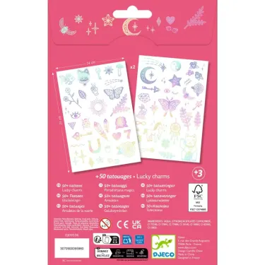 Tatouages « Lucky charms » DJECO 9596 : planche de tatouages tempérés holographiques multicolores sur fond rose, avec motifs animaux et symboles fantaisistes.
