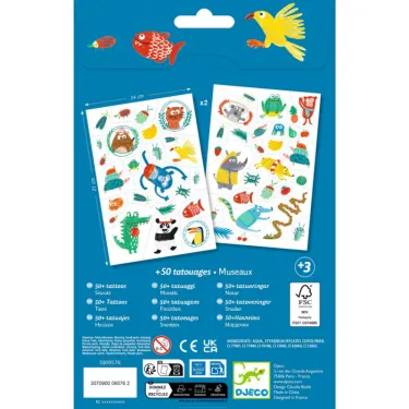 Tatouages Museaux DJECO 9576: planches de tatouages temporaires colorés avec animaux marins et terrestres, présentées sur fond bleu.
