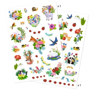 Tatouages ‘Happy Spring’ DJECO 9591: planches de stickers florales et animaliers colorés avec fleurs, oiseaux, papillons, renne, licorne et panda.