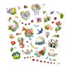 Tatouages ‘Happy Spring’ DJECO 9591: planches de stickers florales et animaliers colorés avec fleurs, oiseaux, papillons, renne, licorne et panda.
