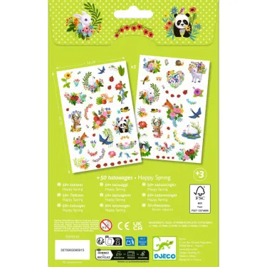 Tatouages Happy Spring DJECO 9591: planches de tatouages temporaires colorés sur fond vert, avec motifs animaux et fleurs, emballage décoratif.