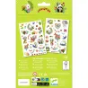 Tatouages Happy Spring DJECO 9591: planches de tatouages temporaires colorés sur fond vert, avec motifs animaux et fleurs, emballage décoratif.