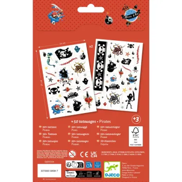 Tatouages pirates DJECO 9584: planches de stickers pirates colorés et épars, avec 50+ tatouages à coller et motifs de squelettes et trésors.