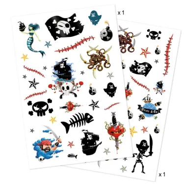 Tatouages pirates DJECO 9584: planches décoratives avec motifs pirates, crânes, squelettes, navires et trésors.