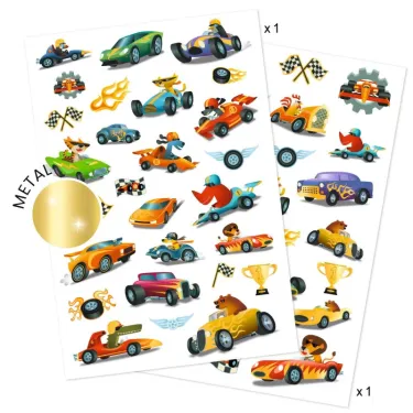 Tatouages “Bolides” DJECO 9916 – planches décoratives avec multiple autocollants de voitures de course colorées, drapeaux à damier et trophées.
