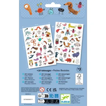 Tatouages Petites Bestioles DJECO 9911 : planches d’autocollants colorés avec de petites bestioles et animaux variés, emballage bleu.