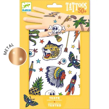 Tatouages Bang Bang DJECO 9577, motif multicolore sur main métallique, avec tigre, indigène et oiseaux; emballage jaune, testés dermatologiquement.