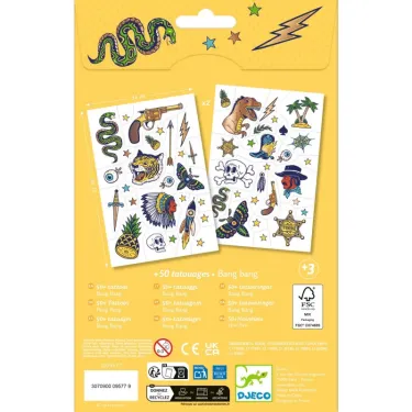 Tatouages Bang Bang DJECO 9577 : feuilles de tatouages colorés sur fond jaune, avec motifs serpent, pistolet, flèche, dinosaure et accessoires; blister vue du verso.