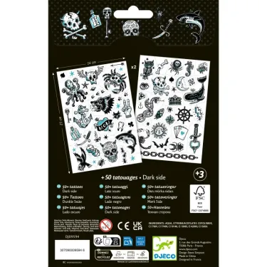 Tatouages "Dark side" DJECO 9594 : planches de tatouages temporaires noires et blanches avec motifs crânes, sabre et chaînes.