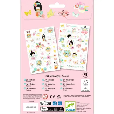 Tatouages Sakura DJECO 9619: planches de 50 tatouages colorés sur fond rose, illustrant des sakura, papillons et personnages japonisants.