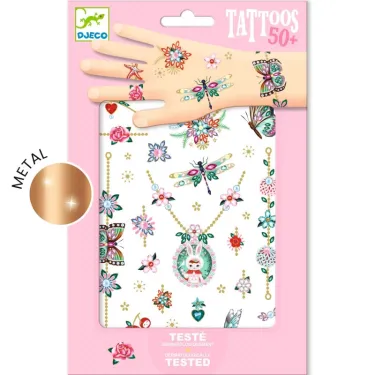 Tatouages temporaires « Les bijoux de Fiona » DJECO 9586 sur-fente main fleurie et papillons, motifs dorés et bijoux suspendus, encarté en rose.