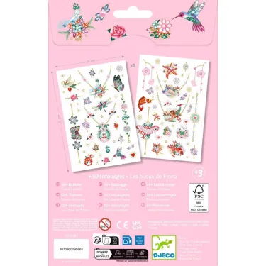 Tatouages « Les bijoux de Fiona » DJECO 9586 sur fond rose, deux planches de tatouages perlés et floraux avec colliers et motifs oiseaux.