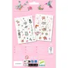 Tatouages « Les bijoux de Fiona » DJECO 9586 sur fond rose, deux planches de tatouages perlés et floraux avec colliers et motifs oiseaux.
