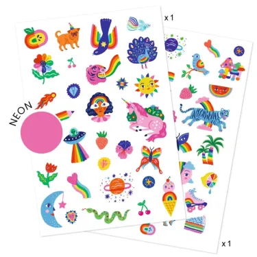 Autocollants colorés Neon Tatouages Rainbow DJECO 9617 avec motifs arc-en-ciel, animaux et formes fantaisie.