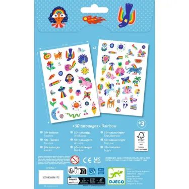 Tatouages Rainbow DJECO 9617 : planchettes autocollantes colorées avec motifs arc-en-ciel, animaux et formes festives.
