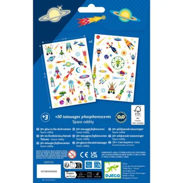 Tatouages phosphorescents “Space oddity” DJECO 9590, feuilles décoratives lumineuses pour enfants de plus de 3 ans, emballage bleu avec des fusées et planètes.