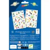 Tatouages phosphorescents “Space oddity” DJECO 9590, feuilles décoratives lumineuses pour enfants de plus de 3 ans, emballage bleu avec des fusées et planètes.