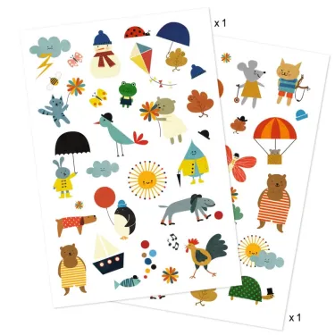 Tatouages Jolies petites choses DJECO 9579 : planches déco avec oiseaux, animaux, motifs colorés et éléments printaniers.