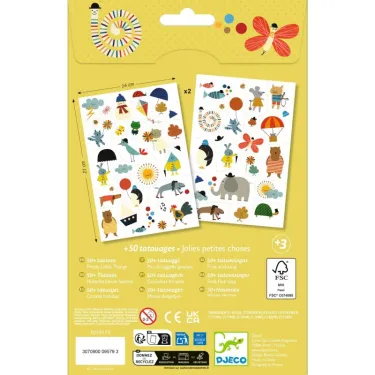 Tatouages Jolies petites choses DJECO 9579: planches de tatouages colorés avec animaux et éléments variés, affichées sur fond jaune.
