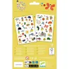 Tatouages Jolies petites choses DJECO 9579: planches de tatouages colorés avec animaux et éléments variés, affichées sur fond jaune.