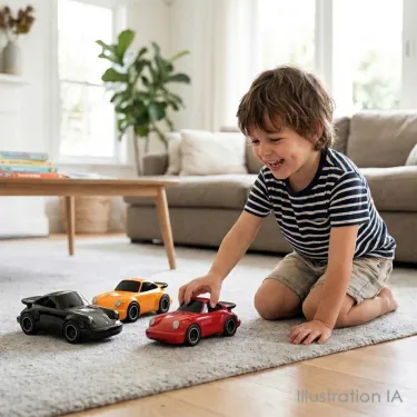 Enfant jouant avec des voitures miniatures Racing Car Porsche 911 Noire, jouet Baghera, sur un tapis au salon.