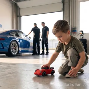 enfant jouant au sol dans un garage avec sa voiture Baghera, réplique de Porsche 911. Véritable Porsche 911 bleue en arrière plan.