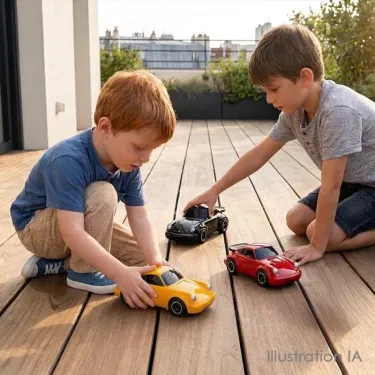 Deux enfants jouent avec des petites voitures Porsche sur une terrasse en bois; l’un tient une voiture jaune tandis que l’autre approche une voiture rouge et une noire.