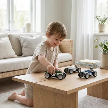 Petit garçon jouant avec des voitures miniatures sur une table en bois dans un salon lumineux.