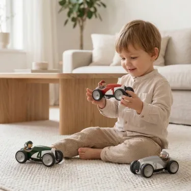 Enfant assis sur tapis beige, jouant avec trois voitures miniatures Racing Car Baghera, dont une rouge et blanche N°1, dans un salon lumineux.