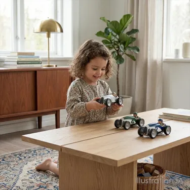 Une enfant joue avec des voitures miniatures Racing Car Silver, voiture Baghera gris métal N°3 - 480 sur une table en bois dans un salon lumineux.