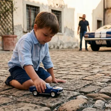 Petit garçon jouant avec une voiture Baghera Ford Mustang bleue sur une chaussée en pierres, près d’une Mustang de collection des années 60 et d’un homme en arrière plan.