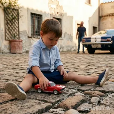 Petit garçon en chemise bleu joue avec une voiture Baghera rouge sur une rue pavée, avec une voiture Mustang classique en arrière-plan.