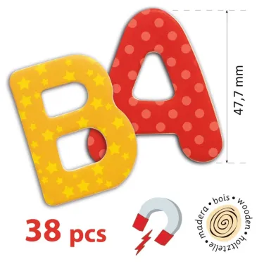 Lettres magnétiques fantaisie en bois DJECO 3100: A et B colorés, motifs étoiles jaunes et pois rouges, dimension 47,7 mm, 38 pièces en bois.