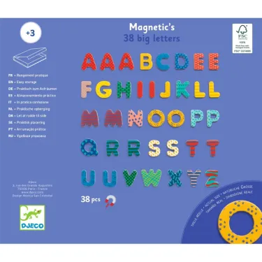 Lettres magnétiques fantaisie en bois DJECO, 38 grosses lettres colorées sur fond bleu, affichant différentes formes et motifs, vue du verso de la boîte.