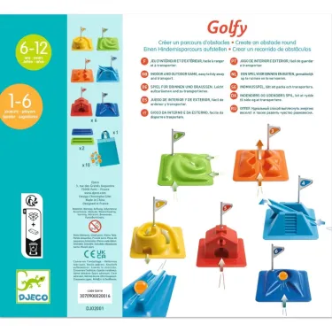 Parcours de billes Golfy DJECO 2001 : pièces colorées, plateaux inclinés et petites balles, illustration du jeu de parcours et de ses éléments.