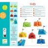Parcours de billes Golfy DJECO 2001 : pièces colorées, plateaux inclinés et petites balles, illustration du jeu de parcours et de ses éléments.