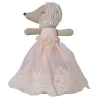 Souris Maileg en robe rose poudré, tenue robe en voile et dentelle, capuche en dentelle beige, jouet bébé.