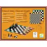 Jeu d’échecs et dames DJECO DJO5225 avec plateau et pièces multicolores, affiché sur fond orange, encartage et instructions.